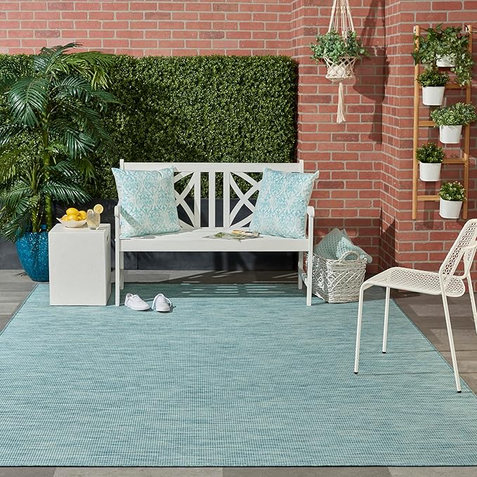 Nourison Positano Indoor-Outdoor Aqua 9' x 12' Area Rug, Easy Cleaning, Non Shedding, Bed Room, Living Room, Dining Room, Backyard, Deck, Patio (9x12)