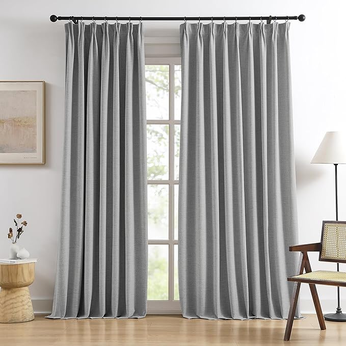 RAIN CITY 90 Inch Long Blackout Curtains 2 Panels Set,70 Inch Wide Back Tab Pleated Curtains with Hooks Track System,Energy Efficinet Linen Blend Drapes for Dining Room Hoom Office 70x90,Grey