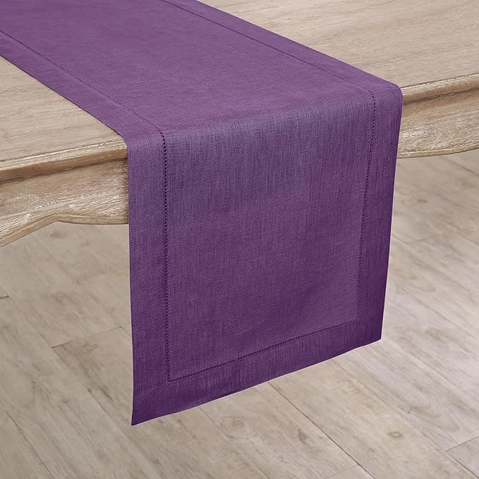 Solino Home Linen Table Runner 90 Inches Long - Classic Hemstitch 100% Pure Linen Purple Dining Table Runner 14 x 90 Inch for Fall, Autumn, Halloween, Thanksgiving