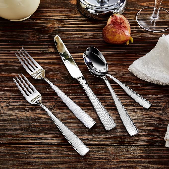 KEAWELL Premium 20/45/65 Piece Louis Hammered Silverware Set with Squared Edge, 18/10 Stainless Steel, Service for 4/8/12, Fine Flatware Set, Dishwasher Safe (20)