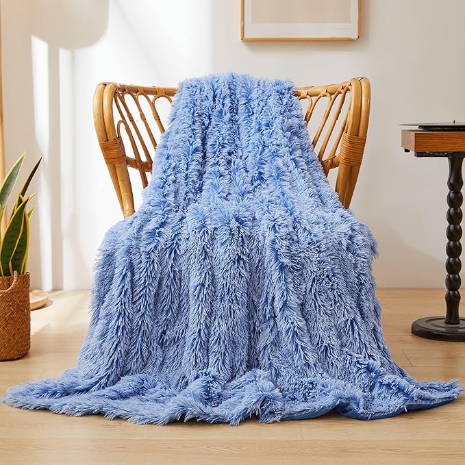 XeGe Luxury Fluffy Throw Blanket, Cobalt Blue Soft 50x60 Faux Fur Blanket Throw, Shaggy Plush Decorative Couch Blanket, Cute Furry Throw Fuzzy Blanket for Sofa Bed, Ombre Cobalt Blue