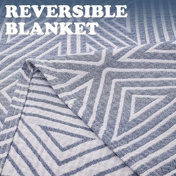jinchan Boho 100% Cotton Blanket Muslin 50x60 Inches Lightweight 3-Layer Geometric Triangle Striped Pattern Reversible Quilt Throw Soft Breathable Comfy All Seasons for Couch Bed Decor, Blue