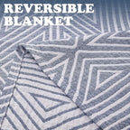 JINCHAN Boho 100% Cotton Blanket Muslin Twin Size 60x80 Inches Lightweight 3-Layer Geometric Triangle Striped Pattern Reversible Quilt Throw Soft Breathable Comfy All Seasons for Couch Bed Decor, Blue