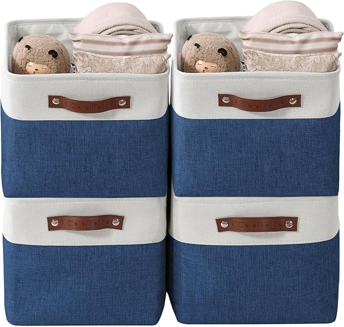 DECOMOMO Storage Bins Fabric Storage Baskets for Shelves, Linen Closet Organization Toys Nursery (Navy Blue and White, Large - 4 Pack)
