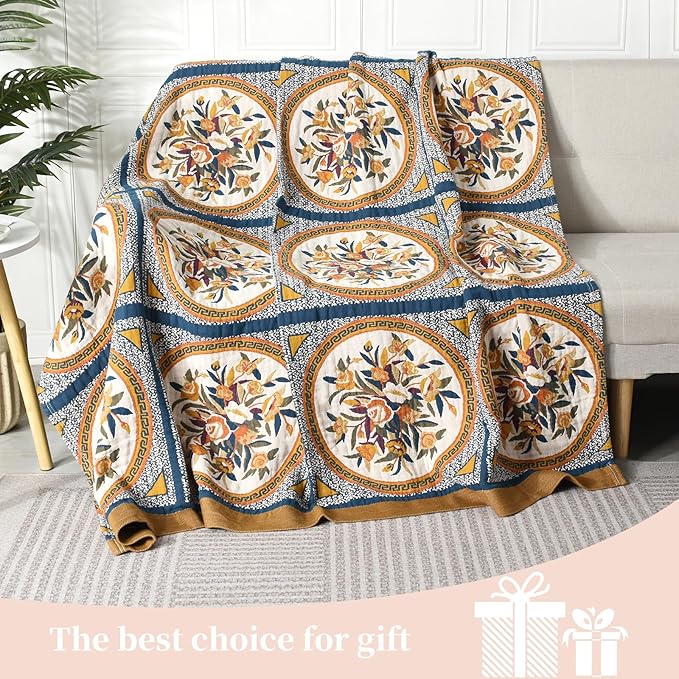 Boho Throw Blanket for Bed - 100% Pure Cotton Ultra Soft Rustic Quilt - Farmhouse Decor Bed Blankets, All Season Rustic Throw for Sofa Couch Chair(80''x 90'', Floral)