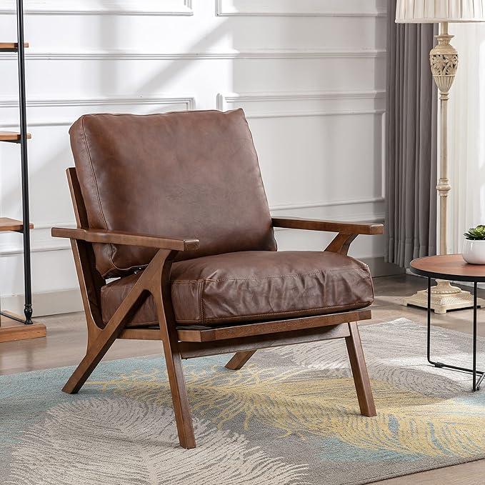 chairus Leather Accent Chair Mid Century Modern Armchair Compfy Upholstered Lounge Arm Chair for Living Room Fireplace/Bedroom/Reception/Dorms, PU Brown
