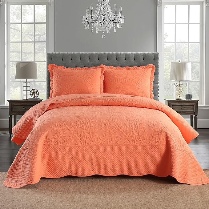 MarCielo 3-Piece 100% Cotton Oversized Bedspread Lightweight Quilt Coverlet Embroidery Farmhouse Bedding Set T0 (Salmon, Oversized Queen (100"x106"))