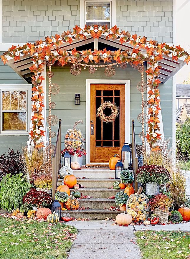 DearHouse 6ft Pumpkin Fall Maple Leaves Garland - Artificial Autumn Foliage Hanging Vine for Thanksgiving, Home, Wedding, Fireplace, Party, Christmas Decor (Orange & Brown)