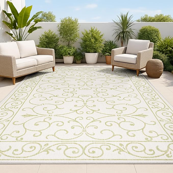JONATHAN Y Vintage Filigree Indoor Outdoor Area Rug 3X5 Cream/Green, Charleston Textured Weave for Backyard, Patio, Porch, Easy-Cleaning, High Traffic, Pet-Friendly, Non-Shedding (SMB106I-3)