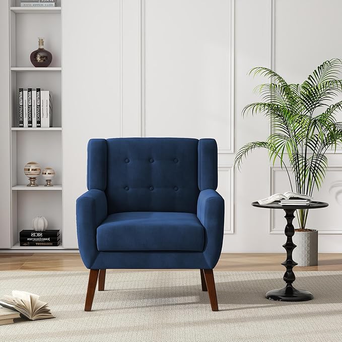 UIXE Accent Chair, Velvet Upholstered Armchair for Living Room, Modern Club Arm Chairs Comfy Single Sofa Button Tufted Bedroom Reading Seat - Royal Blue, Set of 1