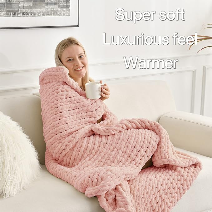 Maetoow Tighter Chenille Chunky Knit Blanket Throw 60×80 Inch, Handmade Warm & Cozy Blanket Couch, Bed, Home Decor, Soft Fleece Banket, Boho Thick Blankets and Giant Yarn Throws, Rose Pink