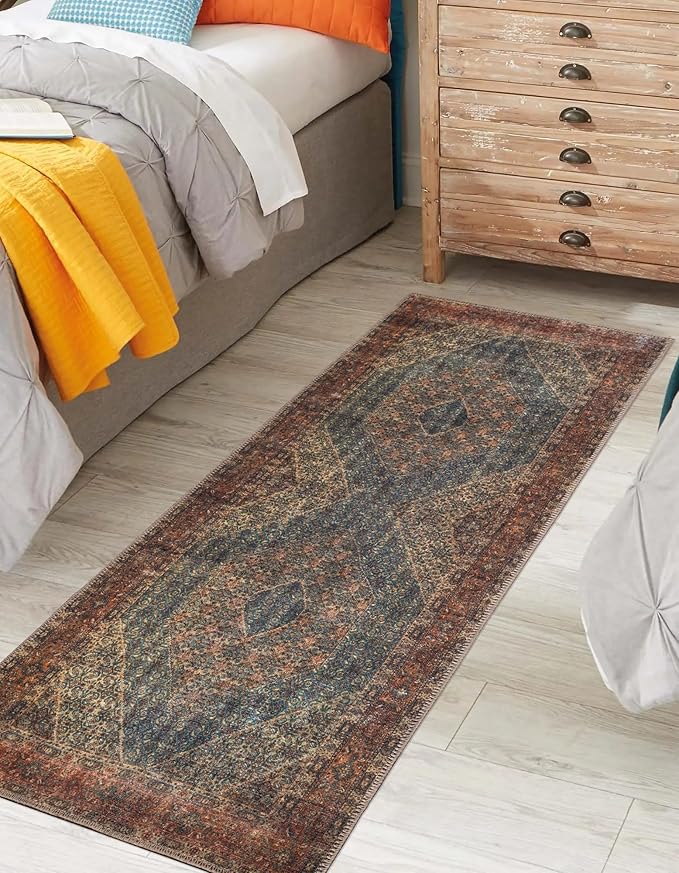 Keen Home Design 2x10 Rug - Machine Washable Runner Rug with Non-Slip Backing, Ideal for Hallway, Entryway, Kitchen, Laundry Room - Vintage, Easy Clean, Durable, Low Pile - (2'6" x 10')