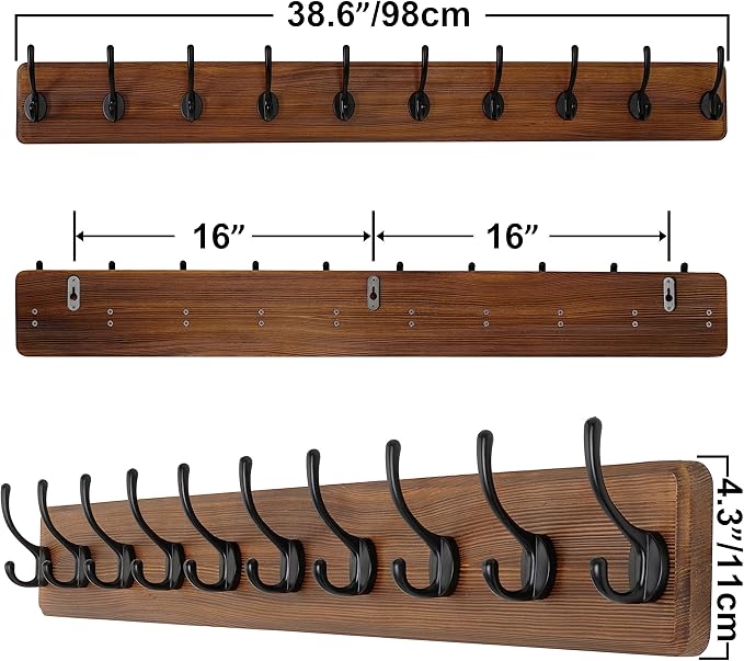 SKOLOO Rustic Wall Mounted Coat Rack, Case of 2, Pine Solid Wood Coat Hook Hanger - 10 Hooks for Hanging Clothes Robes Towels Coats