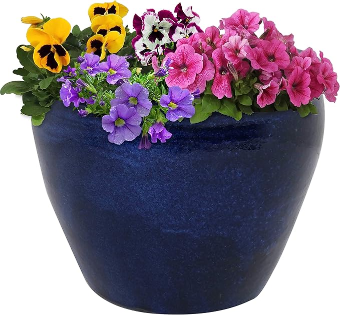 Sunnydaze Chalet Large Ceramic Plant Pot - Round Outdoor Glazed Ceramic Planter Pot with Drainage - Imperial Blue - 14.5"