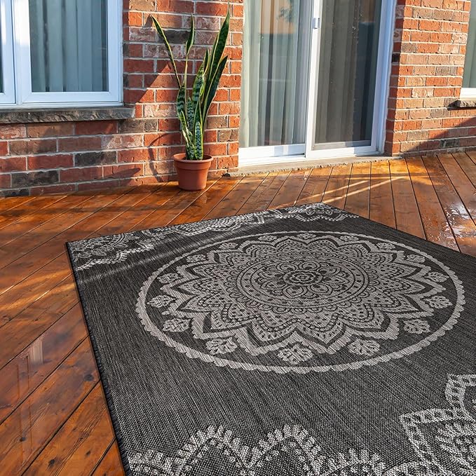 CAMILSON Outdoor Rug 8x10 Modern Area Rugs for Indoor and Outdoor Patios and Porches - Waterproof, Non-Shedding, Easy-to-Clean Outside Carpet (8 x 10, Medallion - Dark Grey/Light Grey)