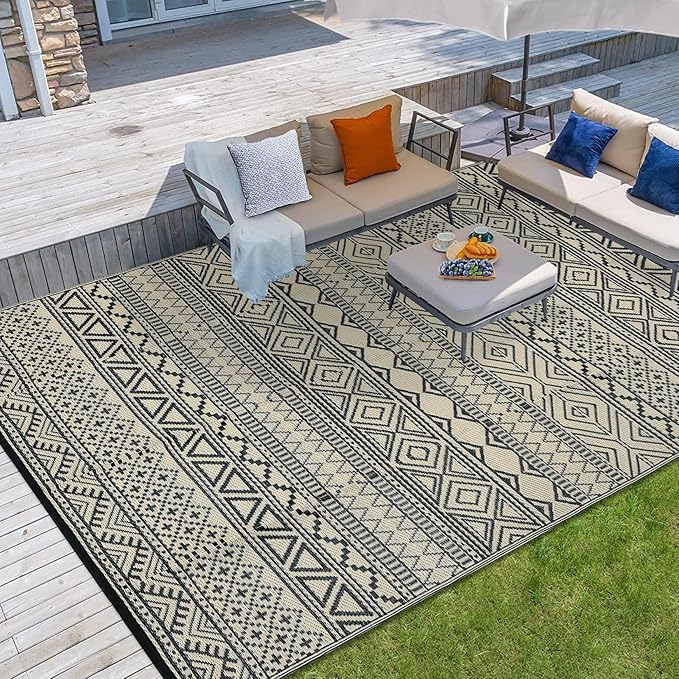 GAOMON Outdoor Rug Waterproof 8'x10', Reversible Outdoor Plastic Straw Rug, Boho Patio Rug, Indoor Outdoor Carpet, RV Mat Outside for Patio, Camp, Picnic, Balcony, Deck, Black/Coffee(Bohemia)