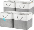 OrganiHaus 13x13 Cube Storage Bins 4 Pack, Foldable Cube Storage Organizer w/ Rope Handles, Collapsible Fabric Bins for Toys, Clothes & Closet Organization, Fabric Square Baskets - Gray/White