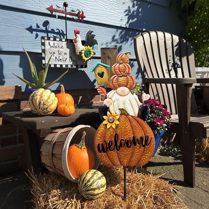 TERESA'S COLLECTIONS Fall Gnome Pumpkin Decorations for Outdoor Home, Metal Fall Decor Welcome Signs Stakes, Orange Autumn Yard Decor for Thanksgiving, Harvest Garden Patio Gift for Mom 25"