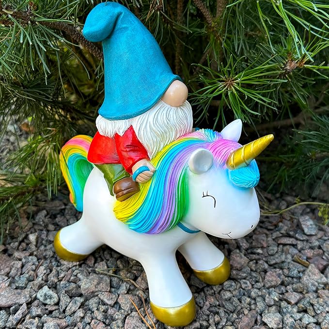 Mood Lab Garden Gnome Statue - Garden Gnome Riding Unicorn - 8.3 Inch Tall Lawn Figurine - for Outdoor or House Decor - Funny Yard & Patio Decoration