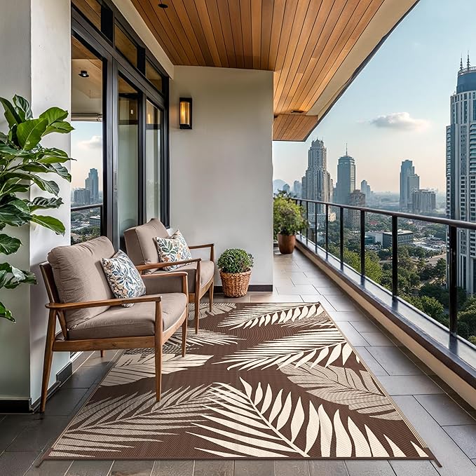 GENIMO Outdoor Rug 8' x 10' Waterproof for Patios Clearance, Reversible Outdoor Plastic Straw Camping Rug Carpet, Large Area Rugs Mats for RV, Camper, Deck, Balcony, Porch, Beach, Picnic, Coffee&Beige