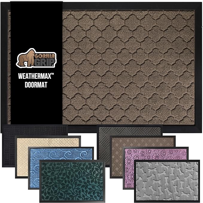 GORILLA GRIP 100% Waterproof All-Season WeatherMax Doormat, 72x24, US Designed Natural Rubber, Stain and Fade Resistant, Low Profile Indoor Outdoor Door Mats, Easy Clean Patio Mat, Latte Quatrefoil