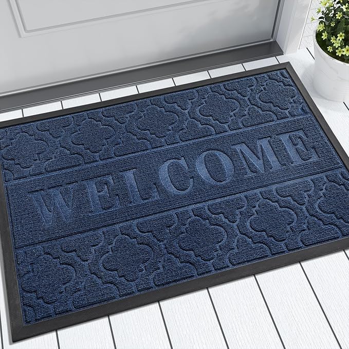 Yimobra Welcome Mat Outdoor Indoor, All-Season Waterproof Front Door Mat Outside Entrance, All-Weather Heavy Duty Non-Slip Doormat, Low Profile Porch Patio Entrance Mats, 36x24, Blue