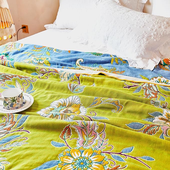 Boho Throw Blanket 80" x 90", 100% Organic Cotton Breathable Ultra Soft Bed Quilt Throw - All Season Luxury Floral Farmhouse Decor Blanket for Sofa Couch Chair and Gift. Green/Blue