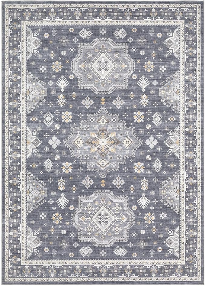 Washable Area Rugs for Living Room -10x14 Neutral Vintage Distressed Floral Farmhouse Boho Large Soft Floor Rug Indoor Non Slip Carpet for Living Room Bedroom Dining Room Office - Denim Blue/Grey