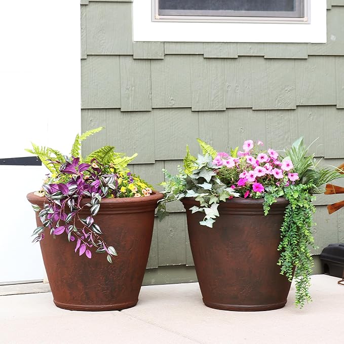 Sunnydaze 24-Inch Anjelica Large Plastic Pot for Plants - Outdoor Polyresin Round Planter with Drillable Drainage Holes - Rust - 2pk