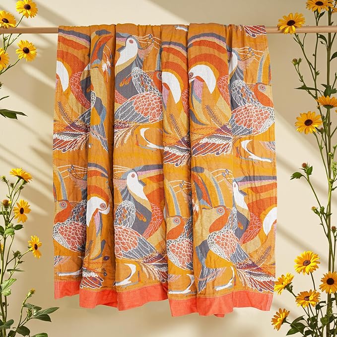 Boho Large Throw Blanket, 100% Organic Muslin Cotton Breathable Soft Bed Throw - Floral Bird Farmhouse Decor Blanket for Sofa Couch Chair Quilt and Gift. 80" x 90"- Colorful