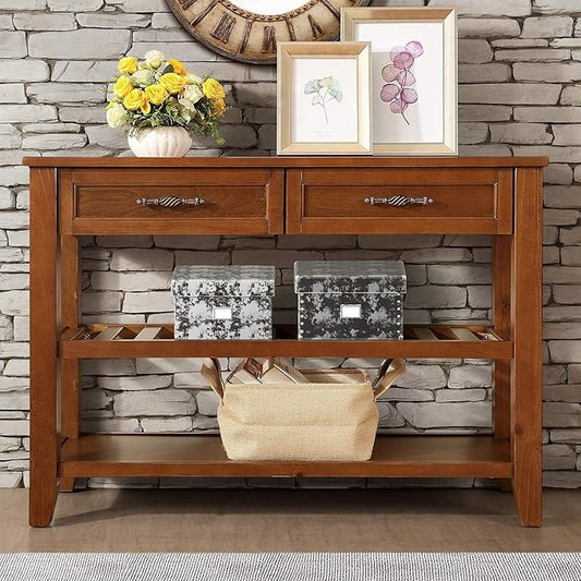 Solid Wood Console Table Entryway Table with Storage Drawers and Shelves Sofa Tables (42" Brown)