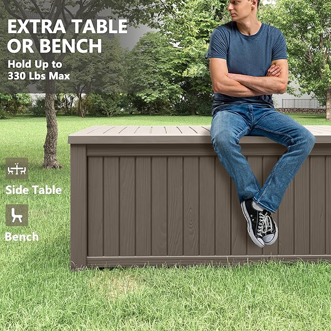 150 Gallon Resin Deck Box, Large Indoor and Outdoor Storage Box, Weatherproof and UV Resistant Outdoor Storage Box with Built-in Steel Beams for Patio, Cushions, Pool Supplies