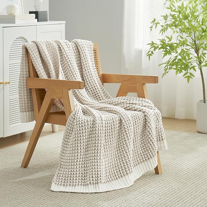 Amélie Home Chenille Waffle Throw Blanket for Couch, Reversible Pineapple Stitch Knit Soft Cozy Knit Blanket Lightweight Warm Decorative Throw for Sofa, Bed, Living Room, 60"x80", Beige&Ivory