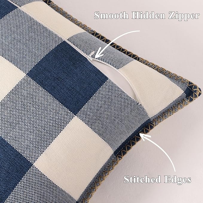 decorUhome Buffalo Plaid Check Throw Pillow Covers 16x16 Set of 2, Outdoor Decorative Farmhouse Neutral Pillow Covers with Stitched Edge for Bed Couch Sofa, Navy Blue and White