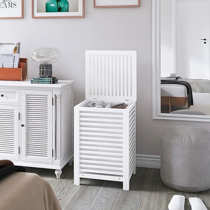 SMIBUY Double Laundry Hamper with Lid, 120L Bamboo Laundry Basket with Removable Liner Bag, 2-Section Clothes Divider Laundry Sorter for Laundry Room, Bathroom, Bedroom (White)
