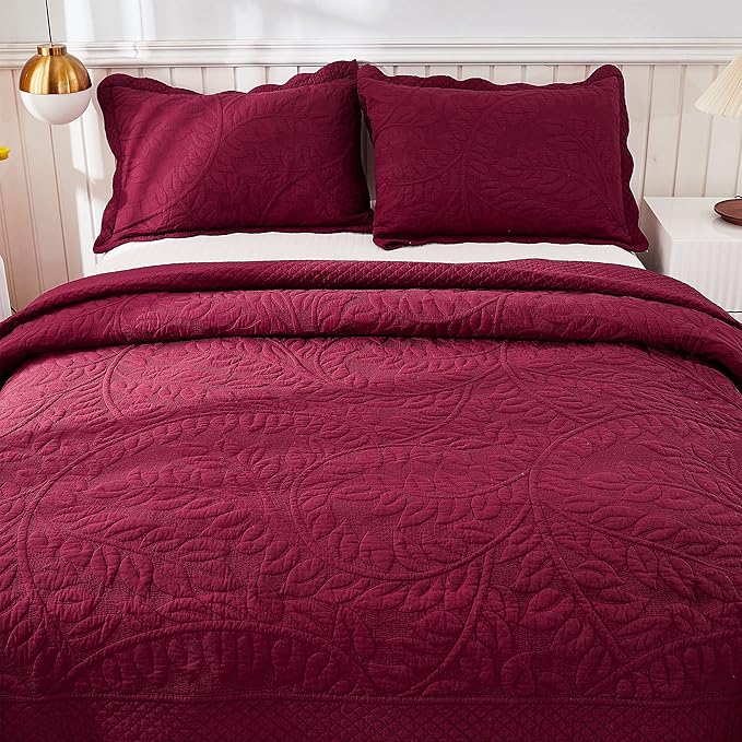 MarCielo 3-Piece 100% Cotton Oversized Bedspread Lightweight Quilt Coverlet Embroidery Farmhouse Bedding Set T0 (Wine Burgundy, Oversized King (118"x106"))