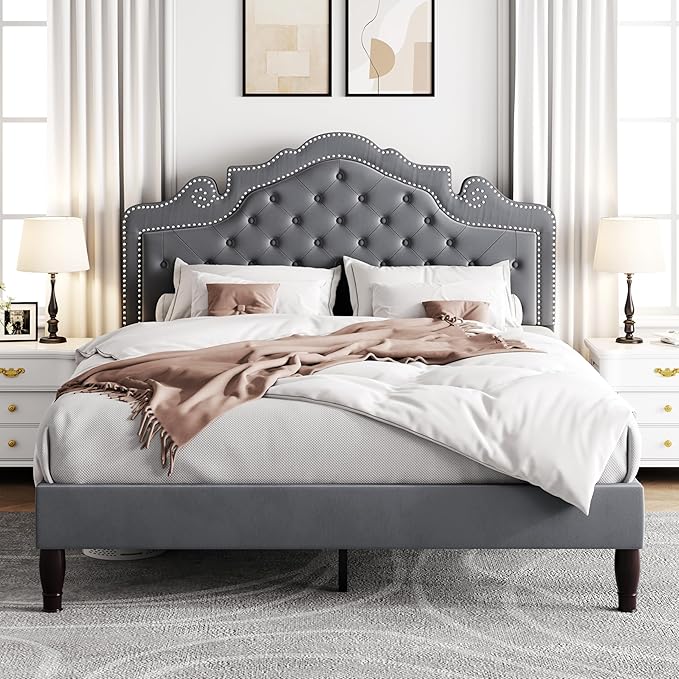 Allewie Full Size Bed Frame with Adjustable Velvet Tiara Headboard, Upholstered Diamond Button Tufted Platform Bed, Wood Slats Support, No Box Spring Needed, Light Grey