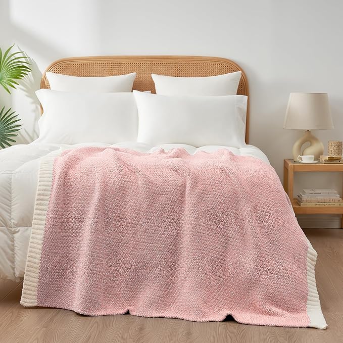 Snuggle Sac Heather Pink Throw Blanket for Couch, Reversible Super Soft Blankets Warm Cozy Knit Fuzzy Plush Lightweight Throws for Sofa, Bed, Camping,Heather Pink, 60x80