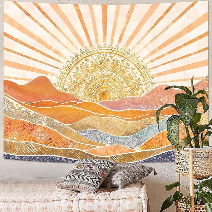 Lunerfex Bohemian Mandala Sunrise Wall Tapestry, Abstract Mountain Scenery Tapestries for Home Decor, Boho Tapestry 80x60 Inch