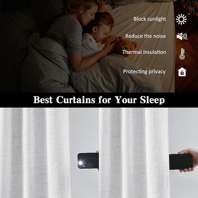 RAIN CITY White Blackout Curtains 120 Inches Long Modern Farmhouse Back Tab Pleated Look Window Drapes for Bedroom Living Room 2 Panels 50x120x2