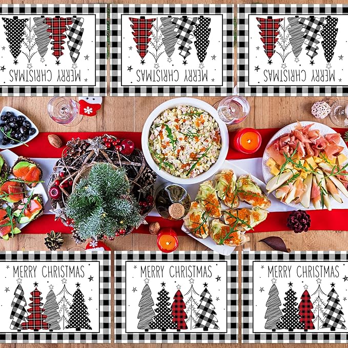 Christmas Placemats Set of 6 Christmas Tree Plastic Table Mats Xmas Trees Black and White Buffalo Plaid Place Mats Winter Holiday Table Decoration for Indoor Outdoor Party Kitchen Dining