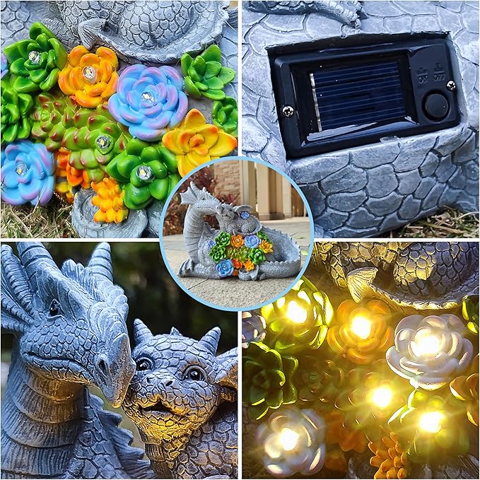Solar Dragon Statue with LED Lights, Dargon Lover Gifts with Succulent and 6 LED Lights for Outdoor,Solar Dragon Decor for Yard, Garden and Patio, Unique Garden Statue for Mom Grandma