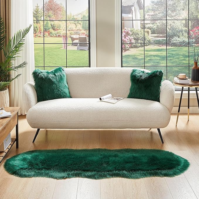 AMTOVO Faux Sheepskin Rug, Dark Green Ultra Soft Fluffy Shag Area Rug, 2 x 6 ft Faux Fur Rug for Bedroom Sofa Throw Cushion Room Decor, Sheepskin