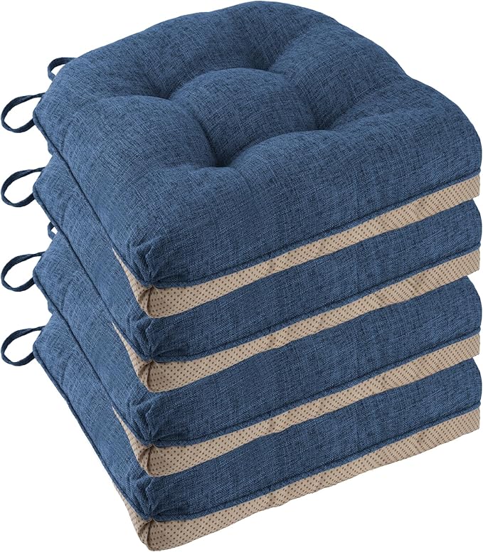 Non Slip Chair Cushions for Dining Chairs Set of 4 Kitchen Chair Cushions 18"x18"x3" Turfted Chair Pads Comfortable and Soft Seat Cushion with Ties, Royal Blue