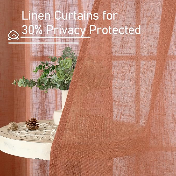 LAMIT Light Filtering Sheer Linen Curtains 102 inches Long, Linen Textured Semi Sheer Bronze Grommet Natural Boho Drapes for Living Room/Farmhouse, 2 Panels, Terracotta, 52 x 102 Inch