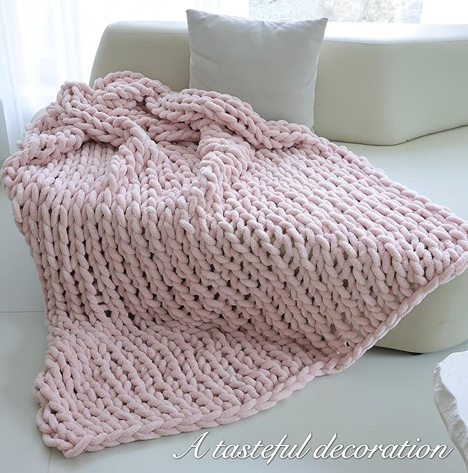 Maetoow Chenille Chunky Knit Blanket Throw （60×80 Inch）, Handmade Warm & Cozy Blanket Couch, Bed, Home Decor, Soft Breathable Fleece Banket, Christmas Thick and Giant Yarn Throws, Light Pink