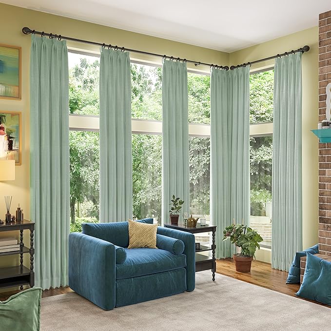 RAIN CITY Light Green Linen Blackout Curtains 96 Inch Long for Living Room,2 Panels Pinch Pleated Drape with Hooks Back Tab Boho Decor, Textured Full Black Out Curtains for Bedroom 50 x 96