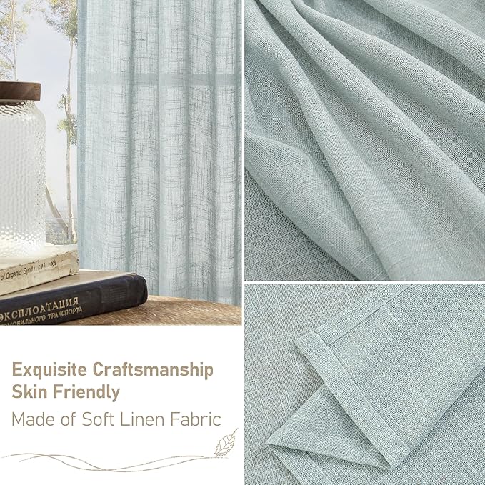 LAMIT Living Room Linen Curtains 95 Inch for Bedroom, Bronze Grommet Linen Textured Sheer Curtains Light Filtering Burlap Drapes for Farmhouse, 2 Panels, 52 x 95 Inch, Greyish Blue