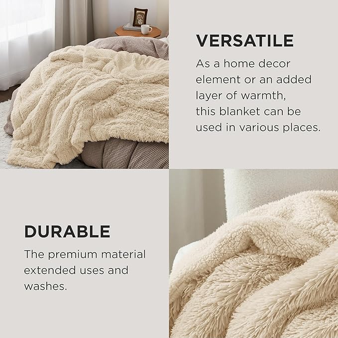 Bedsure GentleSoft Fluffy Beige Blankets Queen Size for Bed, Thick Sherpa Faux Fur Fleece Fuzzy Plush Winter Warm Heavy Soft Queen Blankets, Bedroom Decor Beige Gifts Cozy Gifts for Women Men, 90x90