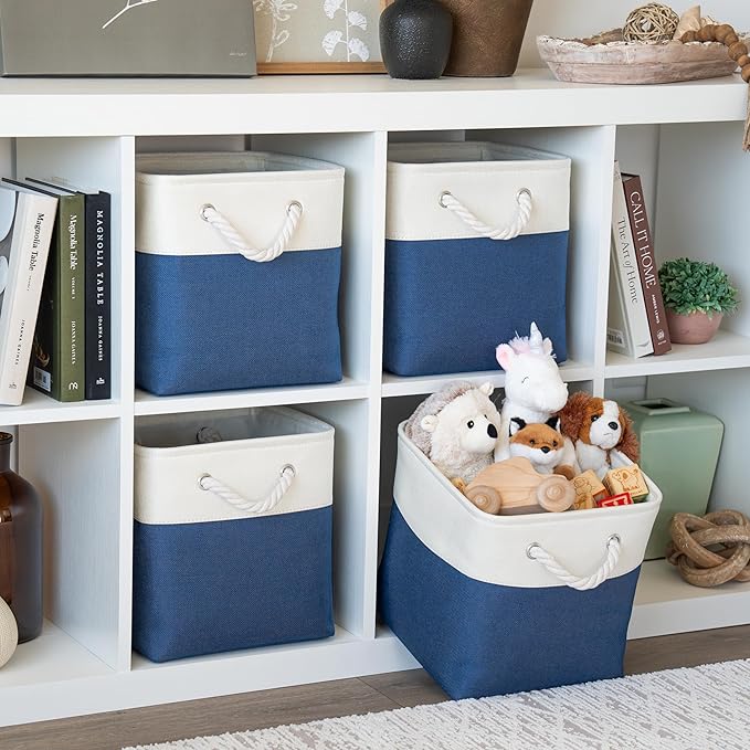 OrganiHaus 11x11 Cube Storage Bins 4 Pack, Foldable Cube Storage Organizer w/ Rope Handles, Collapsible Fabric Bins for Toys, Clothes & Closet Organization, Fabric Square Baskets - Navy Blue